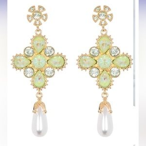 Golden Chandelier Earrings- Sparkling Glass, Embellished Resin & Imitation Pearl